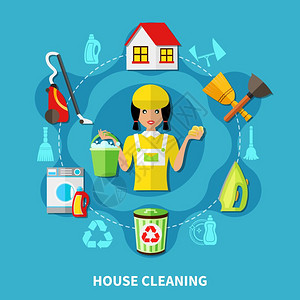 清洁屋圆形构图涂鸦风格的背景与圆形成的Charwan字符平图标的房屋清洁设施矢量插图图片