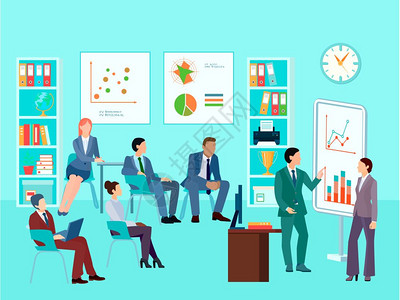 业务分析会议成统计分析业务工人人物与工作人员工作会议工具箱话图图表矢量插图的成图片