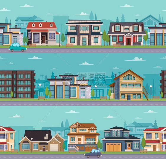 无缝城市景观模板无缝城市景观模板与郊区房屋别墅的同建设矢量插图图片