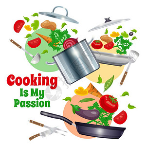 厨房用具蔬菜成构图与厨房用具,包括平底锅,烹饪工具蔬菜白色背景与彩色圆圈矢量插图图片
