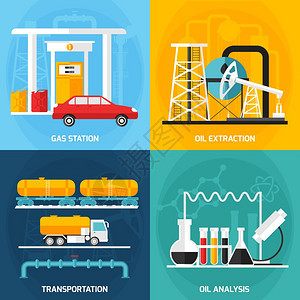 石油天然气工业成四个天然气石油工业广场成,带装饰图标,代表汽油提取分析运输矢量插图图片