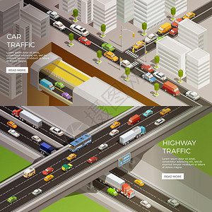 城市公路城市高速公路横幅道路元素等距横幅与城市风景公路汽车图像与阅读更多按钮矢量插图插画