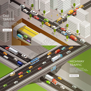 城市高速公路横幅道路元素等距横幅与城市风景公路汽车图像与阅读更多按钮矢量插图图片