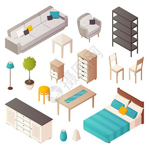 等距家居家具套装隔离等距家居家具图标与室内元素,桌子,橱柜,椅子,植物沙发矢量插图图片
