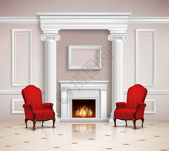 经典的室内壁炉扶手椅逼真的经典室内与壁炉,模具,柱红色扶手椅米色地板三维矢量插图图片