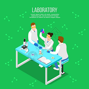 制药实验室等距成等距的人,医生成与人类特征的科学家桌子上与研究设备分子轮廓矢量插图图片