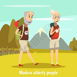 现代老人背景现代老人背景与野营符号卡通矢量插图图片