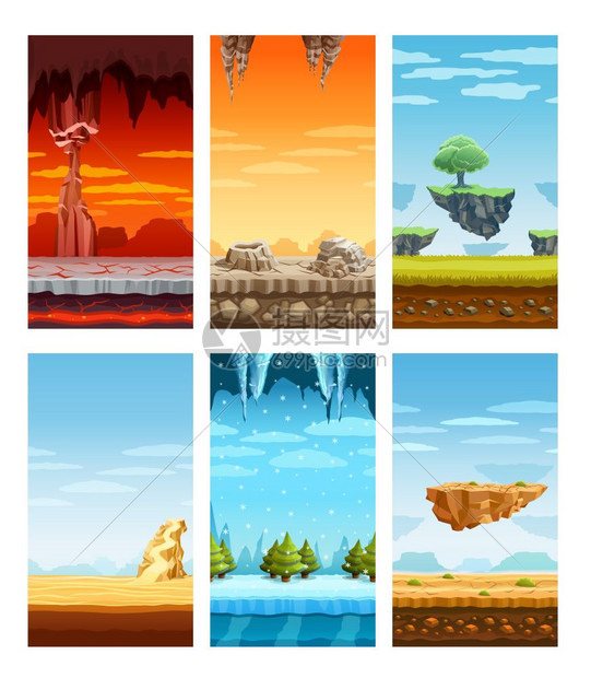 电脑游戏彩色元素卡通集电子计算机电子游戏6美丽的屏幕奇妙的景观元素彩色卡通孤立矢量插图图片