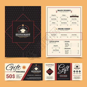 餐厅菜单礼品卡集昂贵的餐厅菜单与厨师菜的选择礼品券卡时尚棋盘背景矢量插图图片