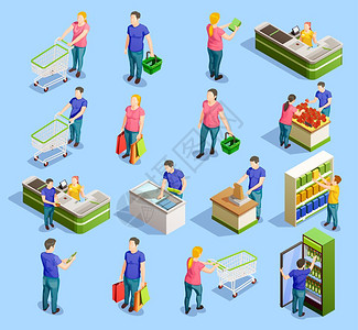 超市等距元素收集等距的人购物集的人的角色与手推车,橱柜,货架结帐站矢量插图图片