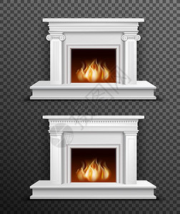 室内壁炉透明背景上套两个现代白色室内燃烧壁炉,个另个黑色透明背景矢量插图下图片