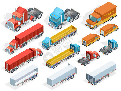 车辆等距收集车辆等距收集彩色卡车与拖车隔离矢量插图图片