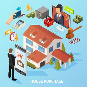 等距置业背景等距房屋贷款成与金融要素支付,信用,智能手机,拍卖地标图像矢量插图图片