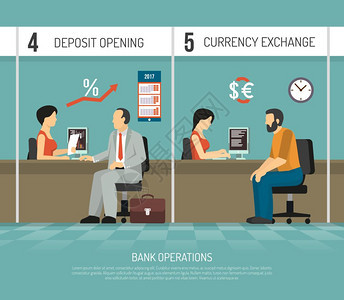 平银行插图银行办公室职员执行开户货币兑换平矢量插图的操作图片