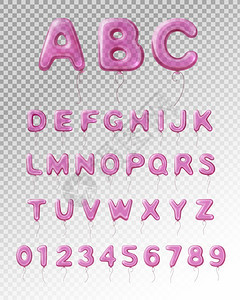 气球字母写实透明构图彩色浅紫色写实气球英文字母与透明背景矢量插图图片