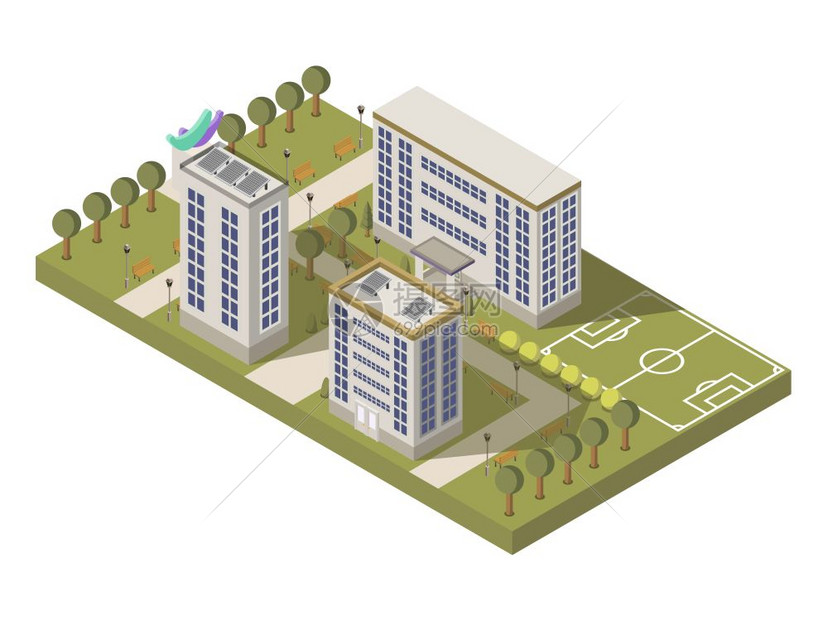 大学校园作文等距大学校园成与公园运动场矢量插图图片