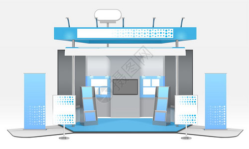 现实的广告展览展位成展览广告架与现实的三维摊位电视机展览架与宣传材料矢量插图背景图片
