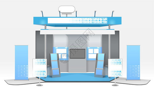 现实的广告展览展位成展览广告架与现实的三维摊位电视机展览架与宣传材料矢量插图背景图片