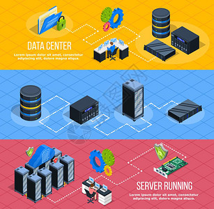 电传房水平横幅三个水平数据中心横幅与等距图像的网络外壳服务器设备与象形图矢量插图图片