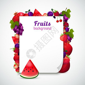 张纸装饰的水果张纸装饰红色紫色的水果与绿叶白色背景矢量插图图片