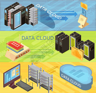 数据云等距横幅集水平等距横幅与数据云,信息传输,路由器,托管服务器,计算机隔离矢量插图图片