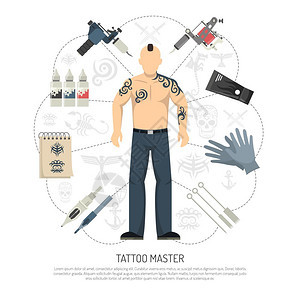 纹身工作室的彩色平纹身工作室的与纹身男子工具周围的他矢量插图图片