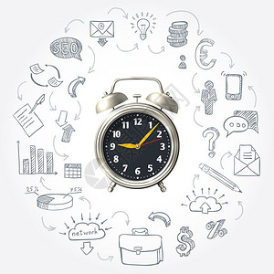 商业晨轮商业上午圆与手绘图标的工作系统围绕三维机械时钟矢量插图图片