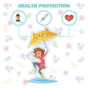 健康保护理念健康保护与小女孩伞跳过水坑保健图标平矢量插图图片