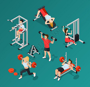 健身房人图标等距健身房的人图标与男女锻炼矢量插图图片