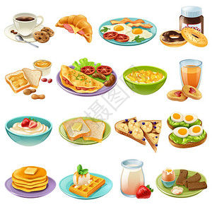 早餐早午餐菜单食物图标早餐早午餐健康开始日选项食品现实图标收集与咖啡煎蛋孤立矢量插图图片