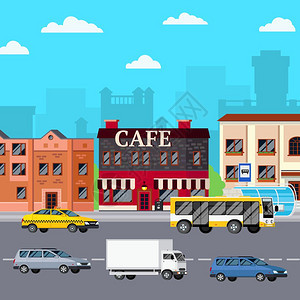街头咖啡馆城市成街头咖啡馆构图与正交图像的店城市建筑公交站汽车上的行车方式矢量插图图片