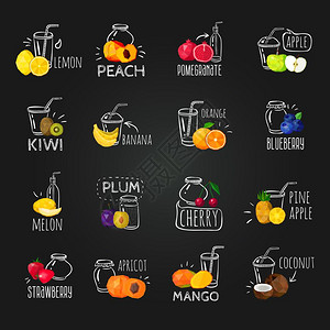 新鲜水果彩色黑板图标新鲜彩色水果浆果黑板菜单与石榴桃冰沙椰子蓝莓汁广告海报矢量插图插画