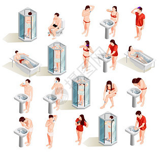 上午卫生人物收集卫生图标等距收集男女人物上午浴室程序矢量插图图片