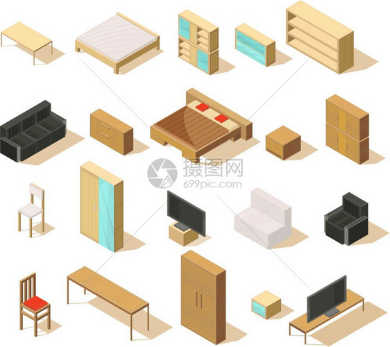 家具等距元素集家具等距套隔离物品与双人床,沙发,椅子,扶手椅,床头柜电视矢量插图图片