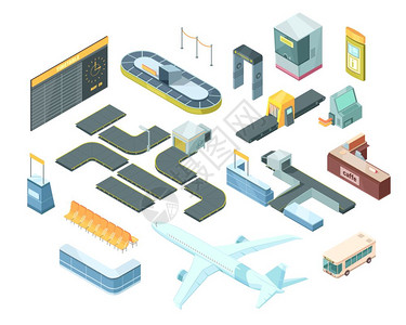 机场等距装置机场等距与运输,安全系统设备,护照控制展位,时间表,行李木马孤立矢量插图图片