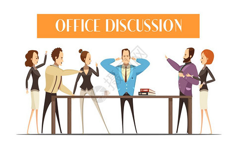 办公室讨论卡通风格插图时尚的男人女人围绕木桌情感讨论办公室卡通风格矢量插图图片