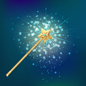 魔杖现实背景金色魔法棒装饰星星夜空明亮的耀斑背景现实矢量插图图片