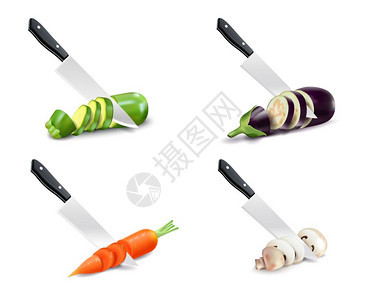 菜刀蔬菜3D套装菜刀蔬菜成,包括胡萝卜西葫芦茄子三维孤立矢量插图图片
