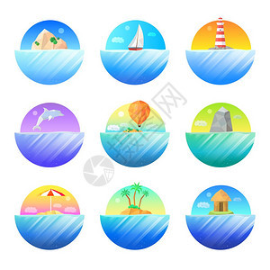 热带岛屿圆形彩色图标热带岛屿符号圆形图标美丽的梯度彩色水棕榈帆船灯塔海豚矢量插图图片