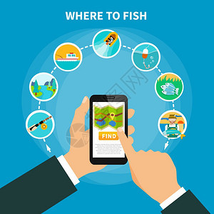 捕鱼区寻找者的钓鱼构图与人的手,着智能手机运行导航应用程序与位置圈,象形图,图像矢量插图图片