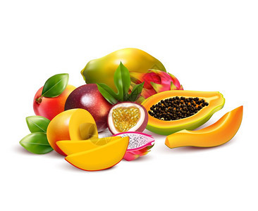 水果热带成热带水果成与火龙果火龙果切割成熟与树叶矢量插图图片