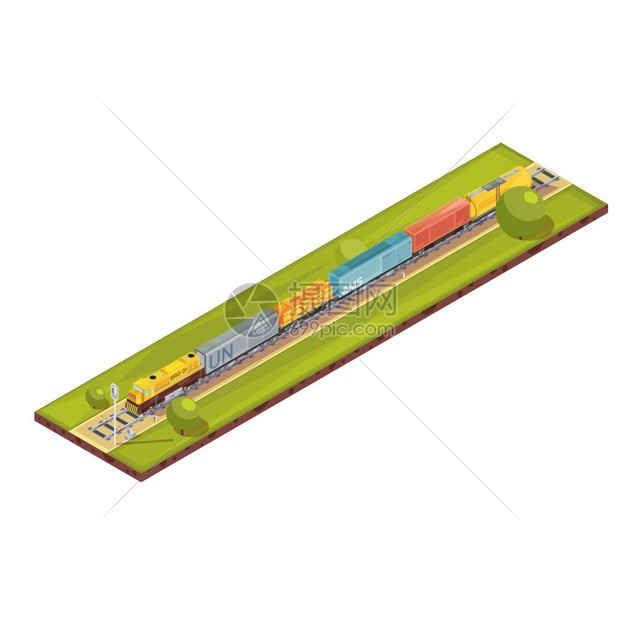 铁路运输等距成列车成与等距铁路运输图像与货运货物列车的汽车树木矢量插图图片