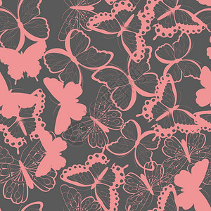 无缝矢量图案与手绘剪影蝴蝶,粉红色灰色,矢量插图图片