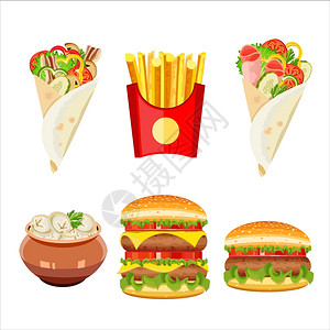 矢量孤立插图,食物饺子,炸薯条,汉堡包,奶酪汉堡,陀螺图片