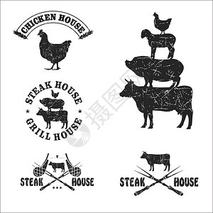 烤架餐厅,牛排屋矢量标签,标志黑白,纹理图片