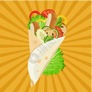 沙瓦玛鸡肉蔬菜餐馆咖啡馆的矢量插图图片