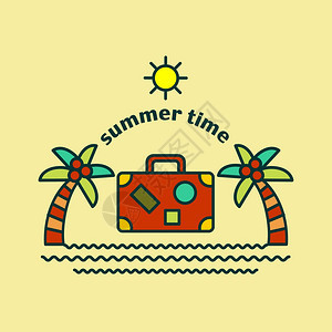夏季时间标志矢量插图棕榈树,手提箱,太阳海洋休闲,度假,旅游图片