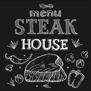牛排餐厅菜单矢量插图用粉笔黑板上画的牛排手绘矢量插图图片