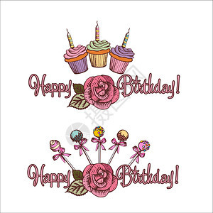 生日快乐带蛋糕玫瑰的老式贺卡蛋糕流行蜡烛的纸杯蛋糕模板,矢量插图图片