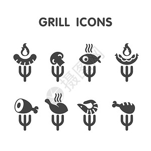 烤架标签,标识标签牛排馆烧烤餐厅的标签元素烤架上的鸡肉,香肠,猪肉,蔬菜,虾图片